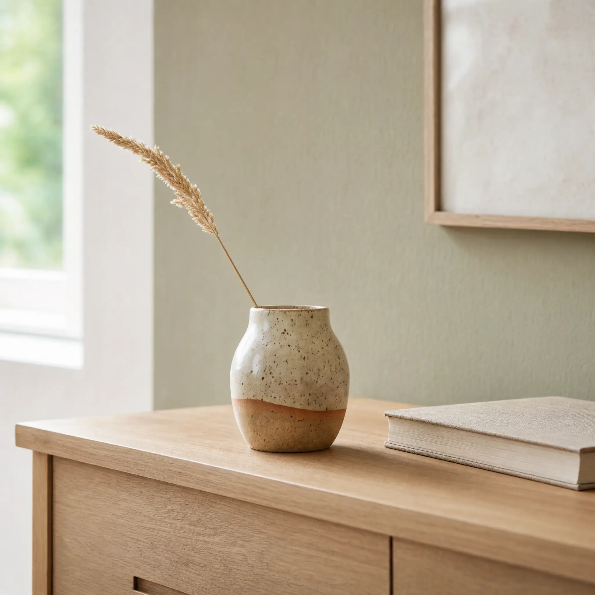 The same vase on a pale oak sideboard in window light